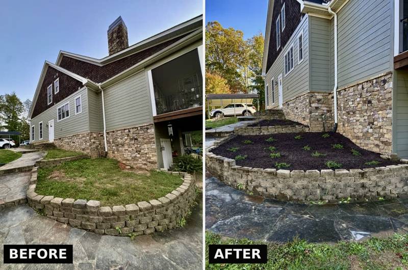 Before and after: side bed rebuilt with a block wall border