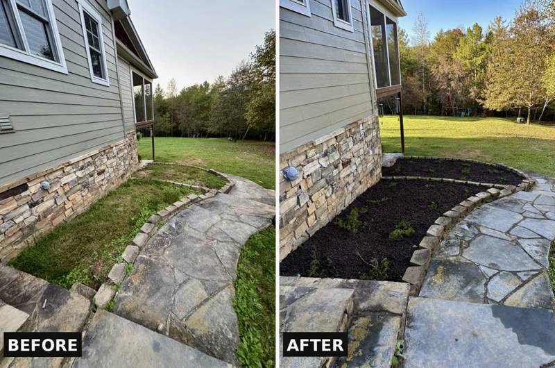 Before and after: cleaned up bed with new mulch beside a walkway