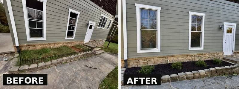 Before and after: bed under a window rebuilt with fresh mulch